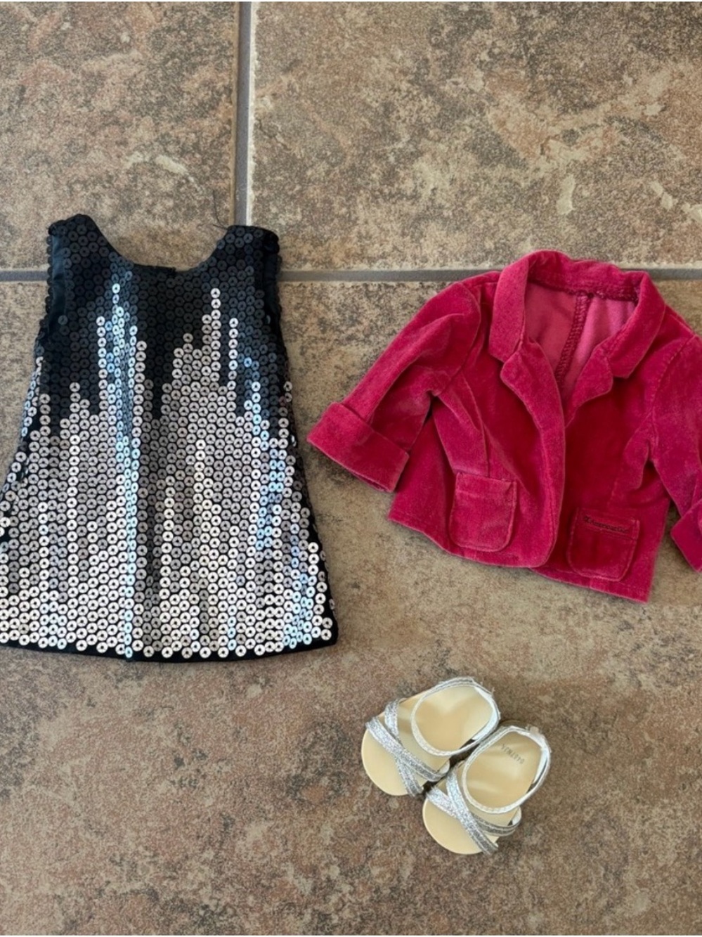 Girls Pink Velvet Blazer and Black Silver Sequin Dress Set